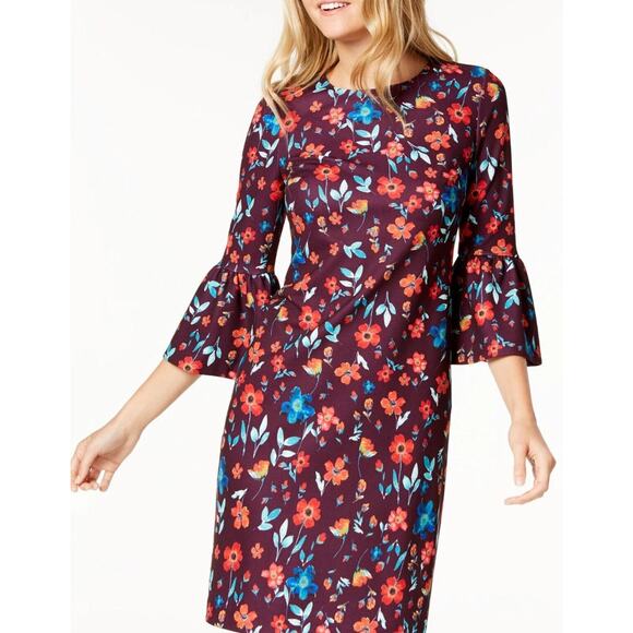 CALVIN KLEIN Floral Printed Bell Sleeve Sheath Dress Size  8 Burgundy - Picture 3 of 12